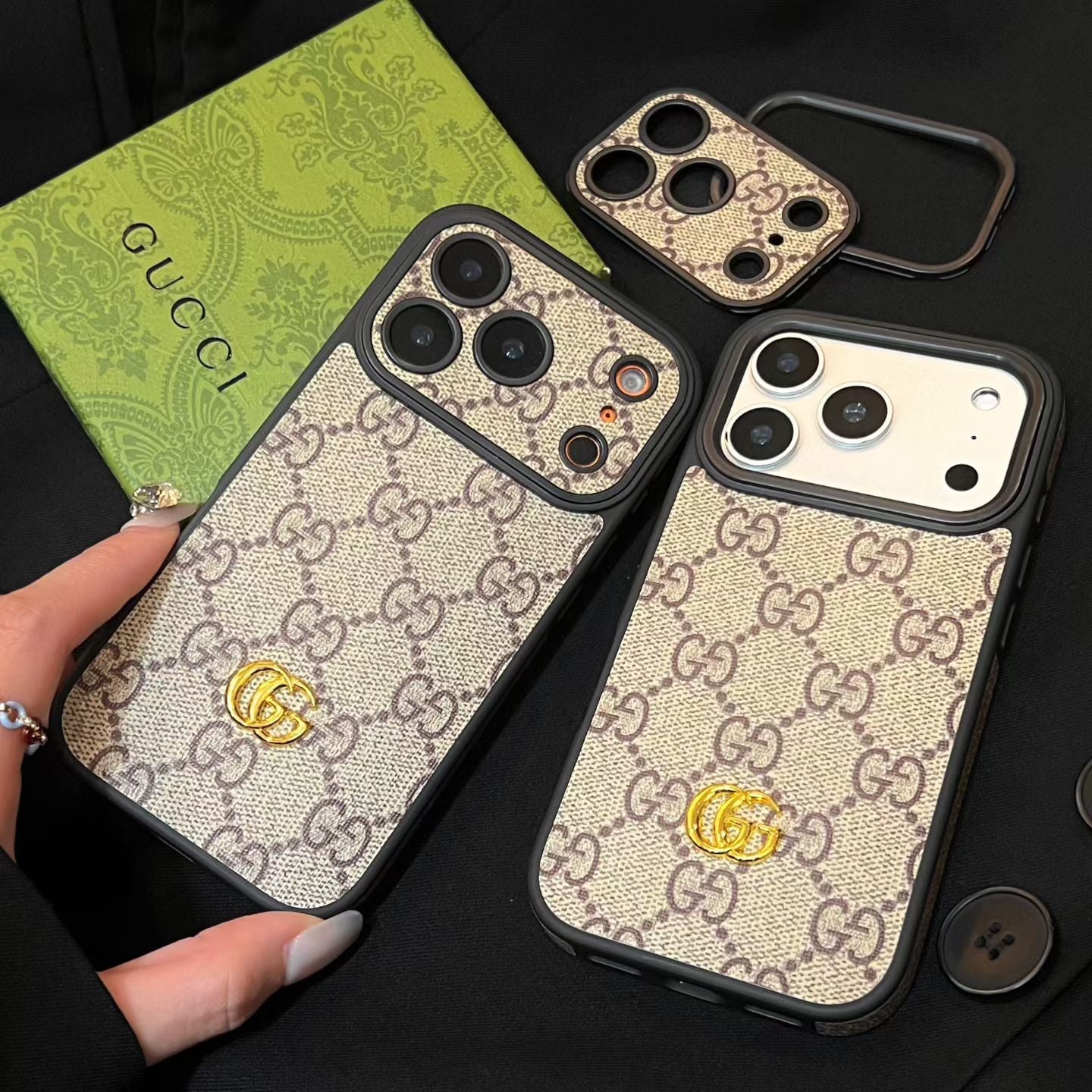 Luxury GG iPhone Case with Interchangeable Camera Lens Frames