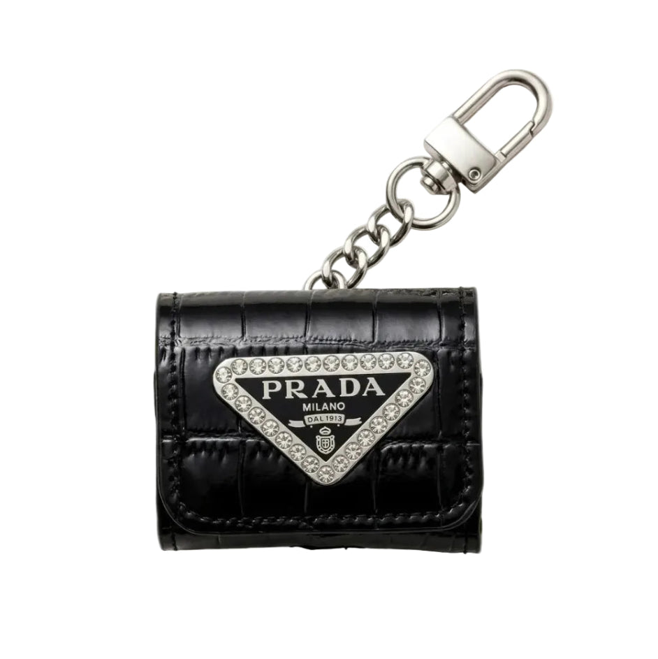 Luxury Prada Leather AirPods Case Black with Emblem & Keychain