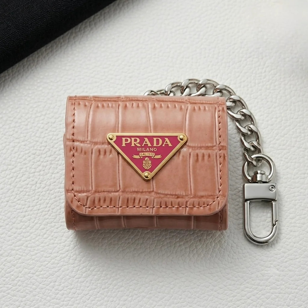 Luxury Prada Leather AirPods Case Pink with Emblem & Keychain
