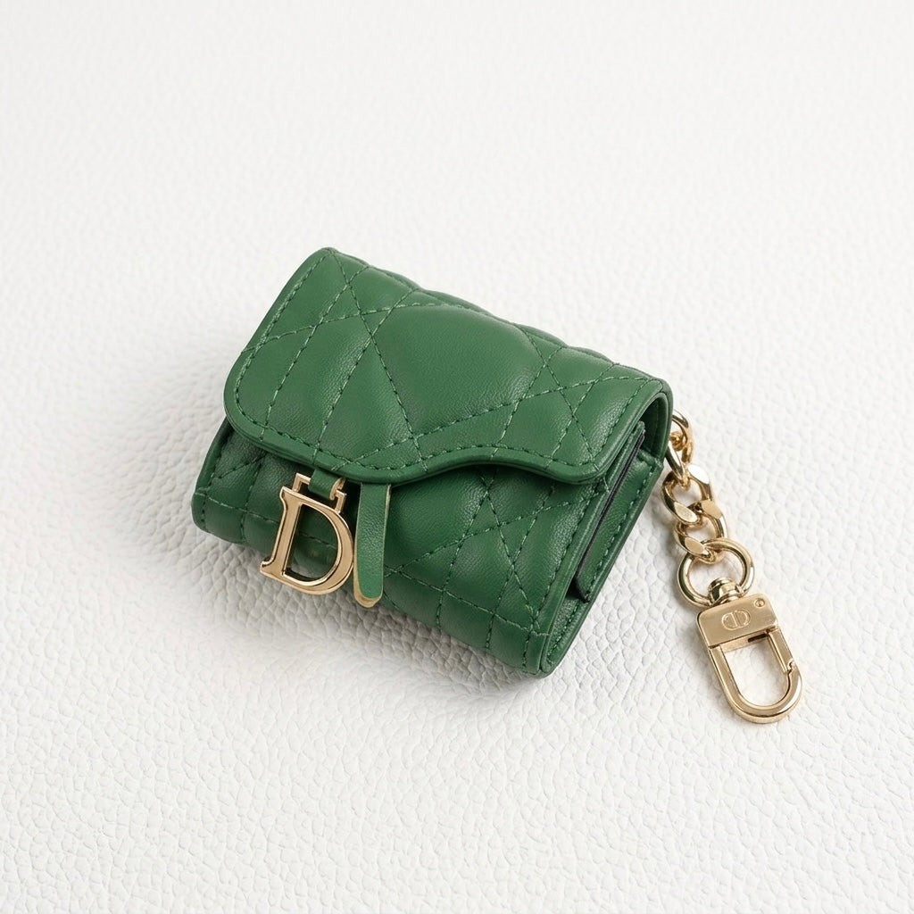 Dior Luxury Green Leather AirPods Case with Gold Charm