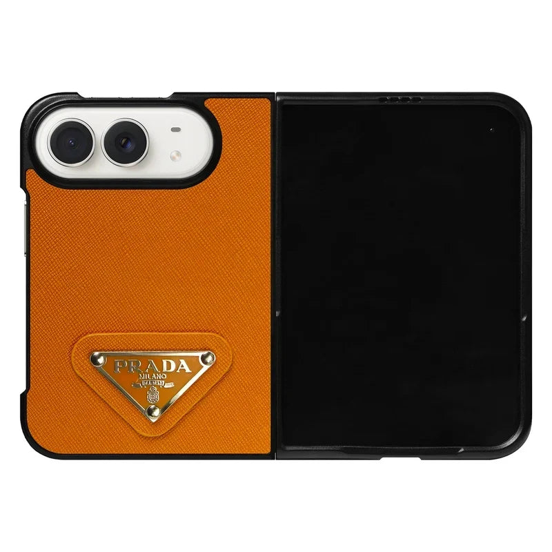 Luxury Textured Prada Leather Case with Orange Metal Logo for iPhone Duo