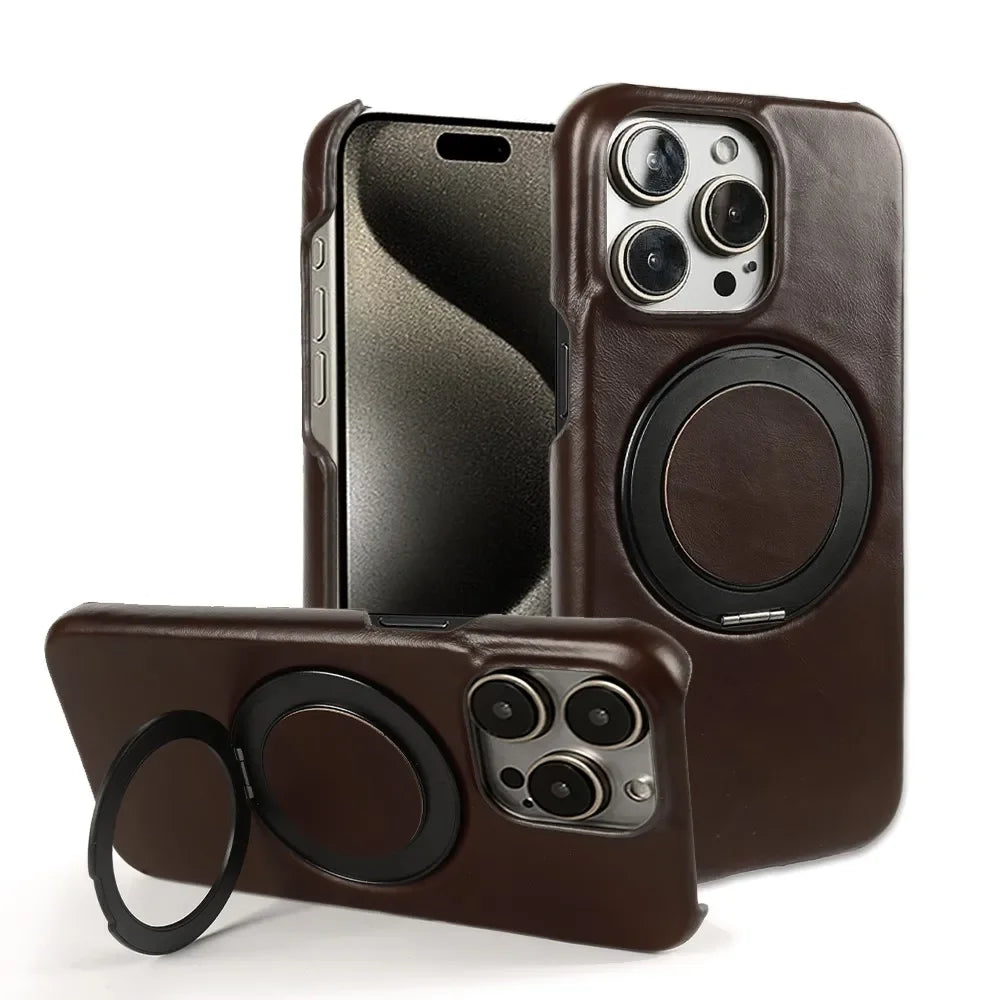 Luxury Genuine Leather Case with 360 Degree Rotating Magnetic Holder for iPhone 16 15 14
