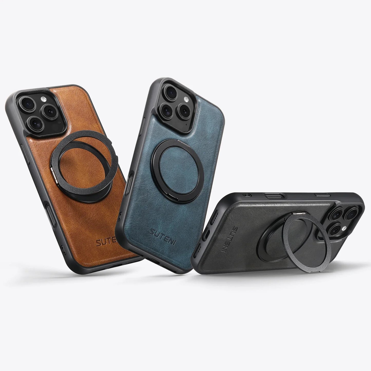 Leather Oil Wax Wireless Phone Case with 360 Degree Rotating Holder for iPhone 16 15 14