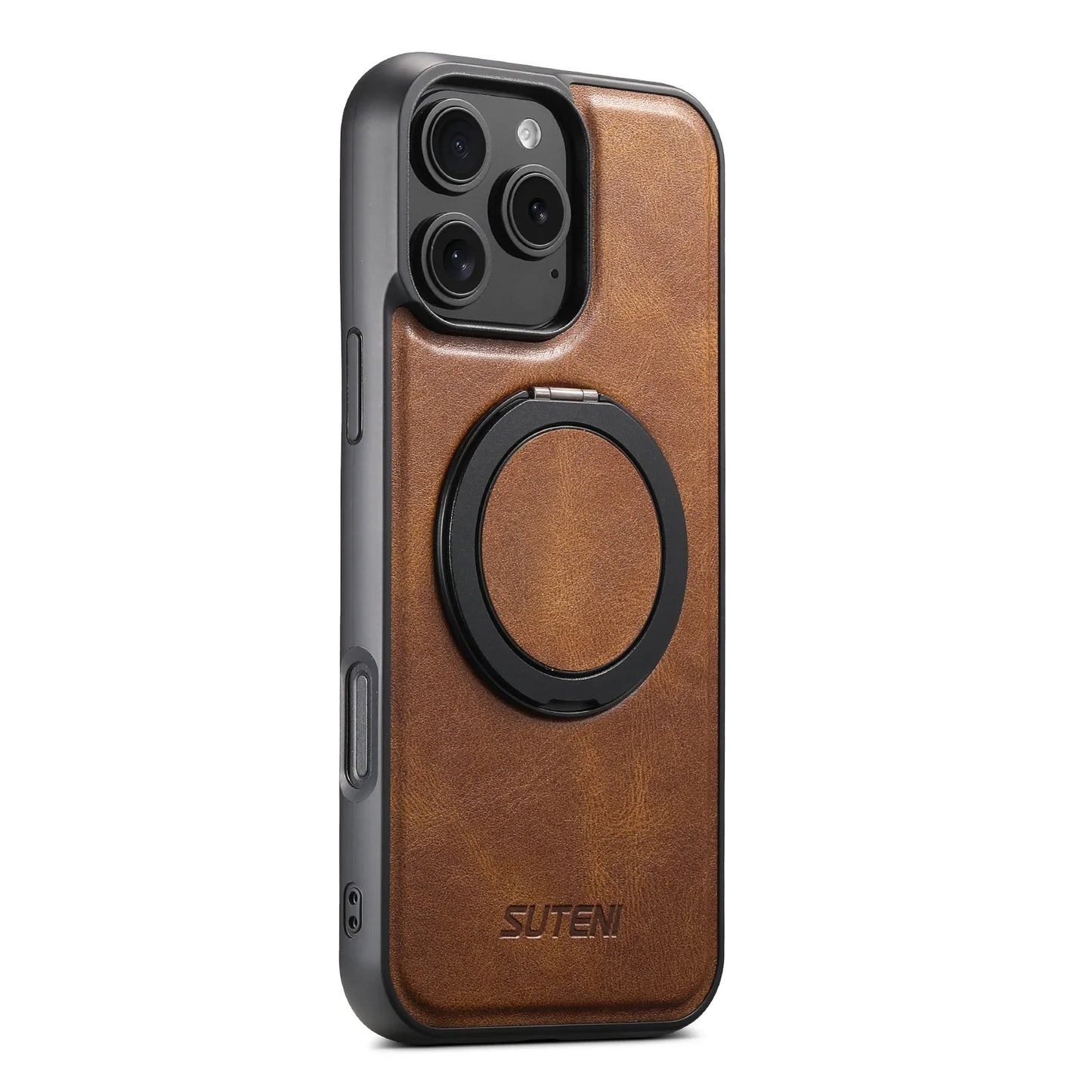 Leather Oil Wax Wireless Phone Case with 360 Degree Rotating Holder for iPhone 16 15 14