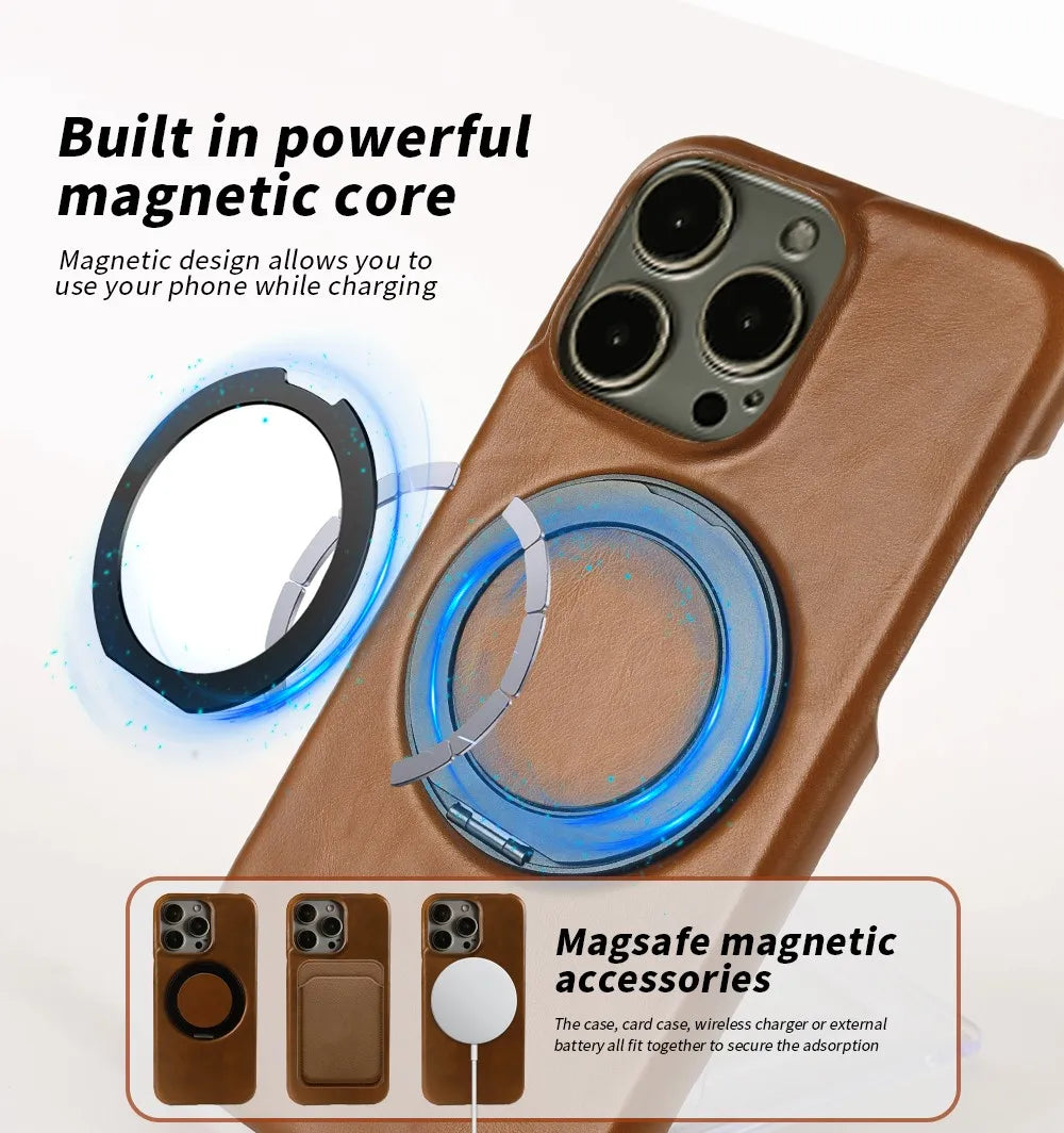 Luxury Genuine Leather Case with 360 Degree Rotating Magnetic Holder for iPhone 16 15 14