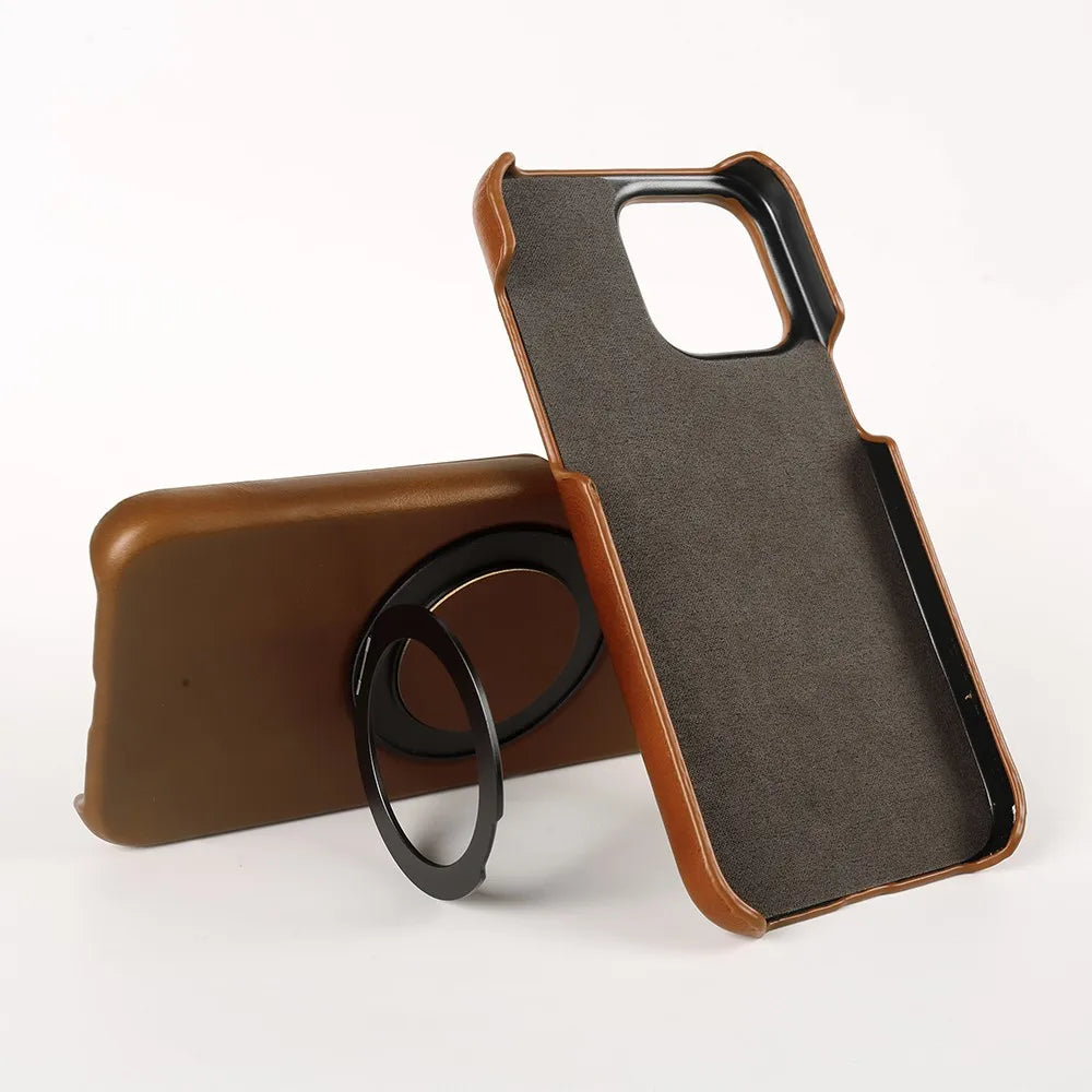 Luxury Genuine Leather Case with 360 Degree Rotating Magnetic Holder for iPhone 16 15 14
