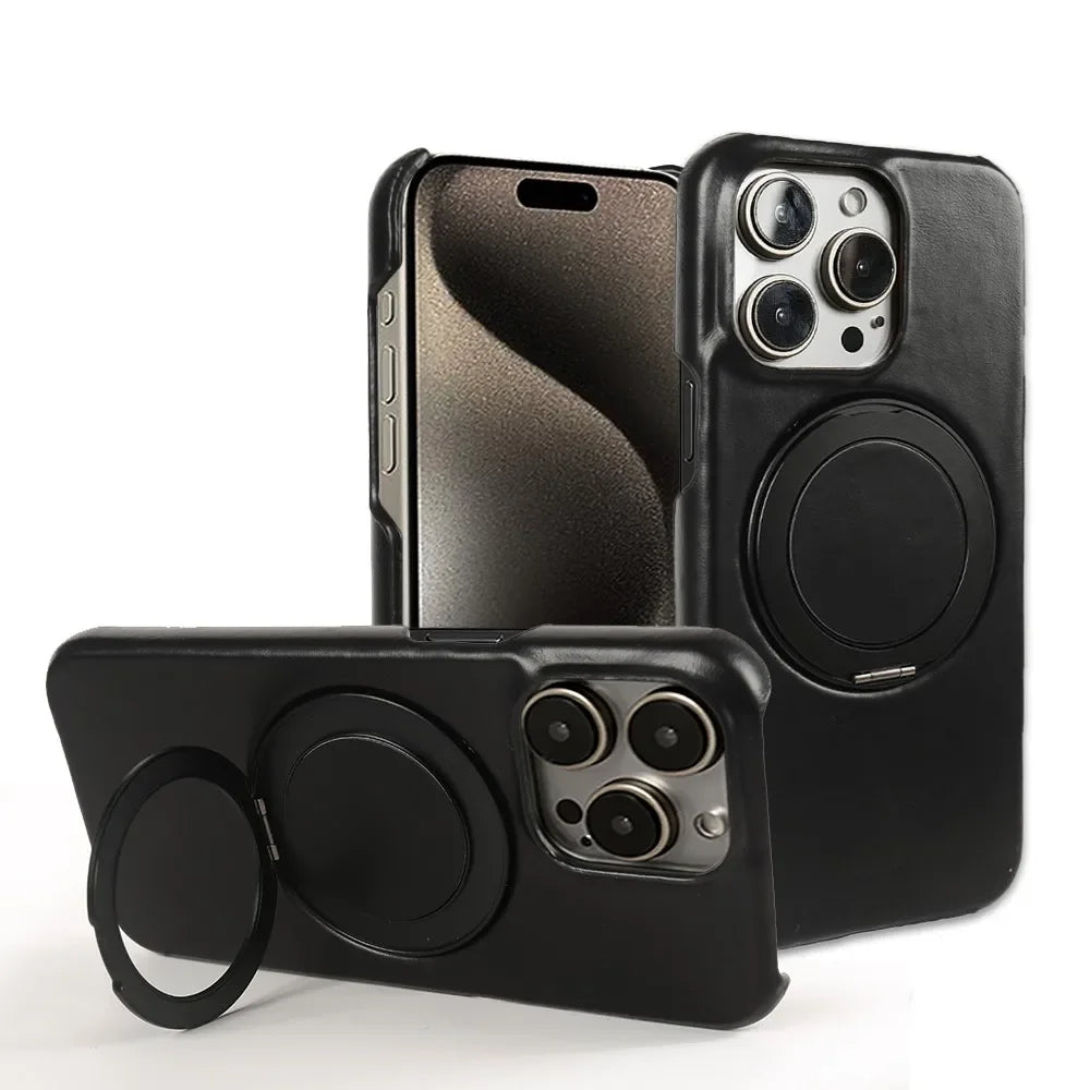 Luxury Genuine Leather Case with 360 Degree Rotating Magnetic Holder for iPhone 16 15 14
