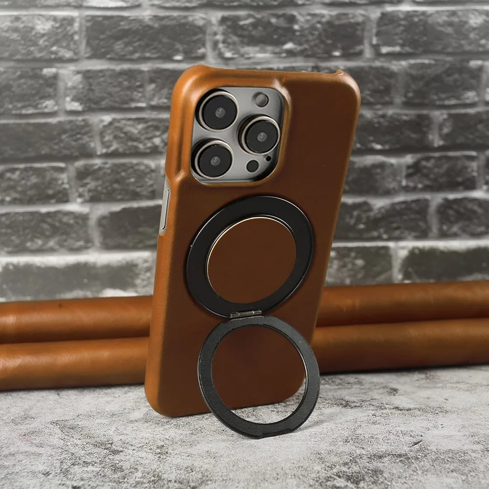 Luxury Genuine Leather Case with 360 Degree Rotating Magnetic Holder for iPhone 16 15 14