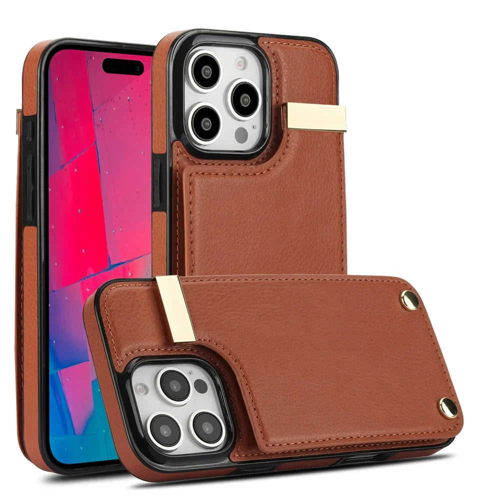 Leather BagTwo Layer Card Pockets Hardware Buckle Leather Case For iPhone 16 15 14