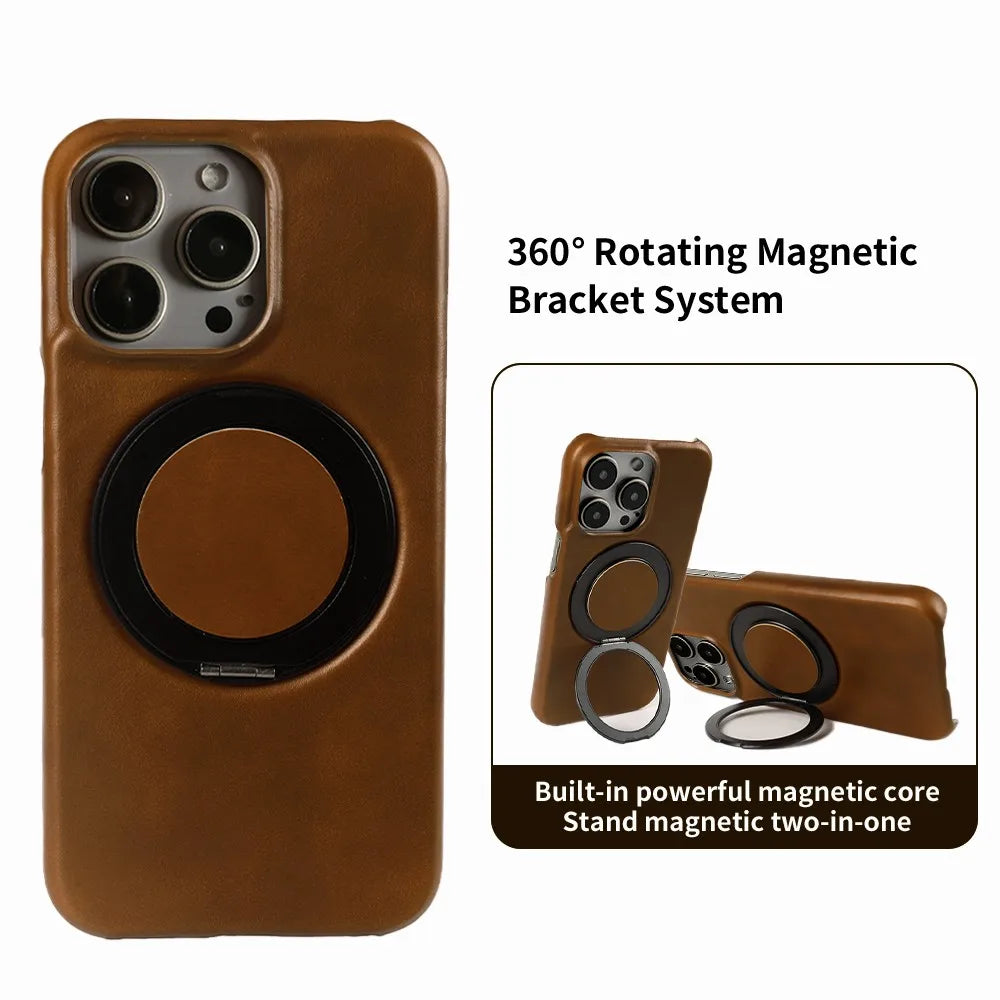 Luxury Genuine Leather Case with 360 Degree Rotating Magnetic Holder for iPhone 16 15 14