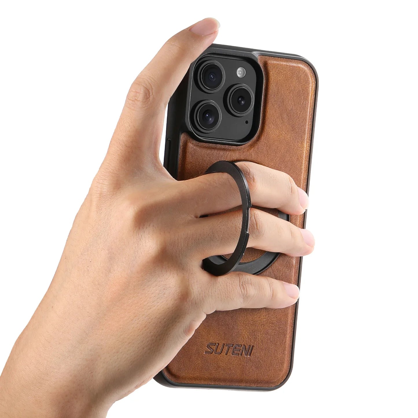 Leather Oil Wax Wireless Phone Case with 360 Degree Rotating Holder for iPhone 16 15 14