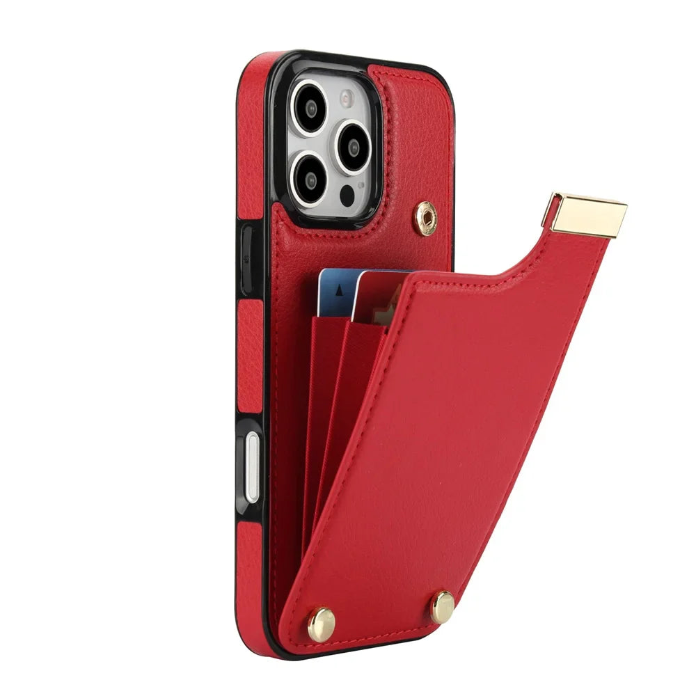 Leather BagTwo Layer Card Pockets Hardware Buckle Leather Case For iPhone 16 15 14