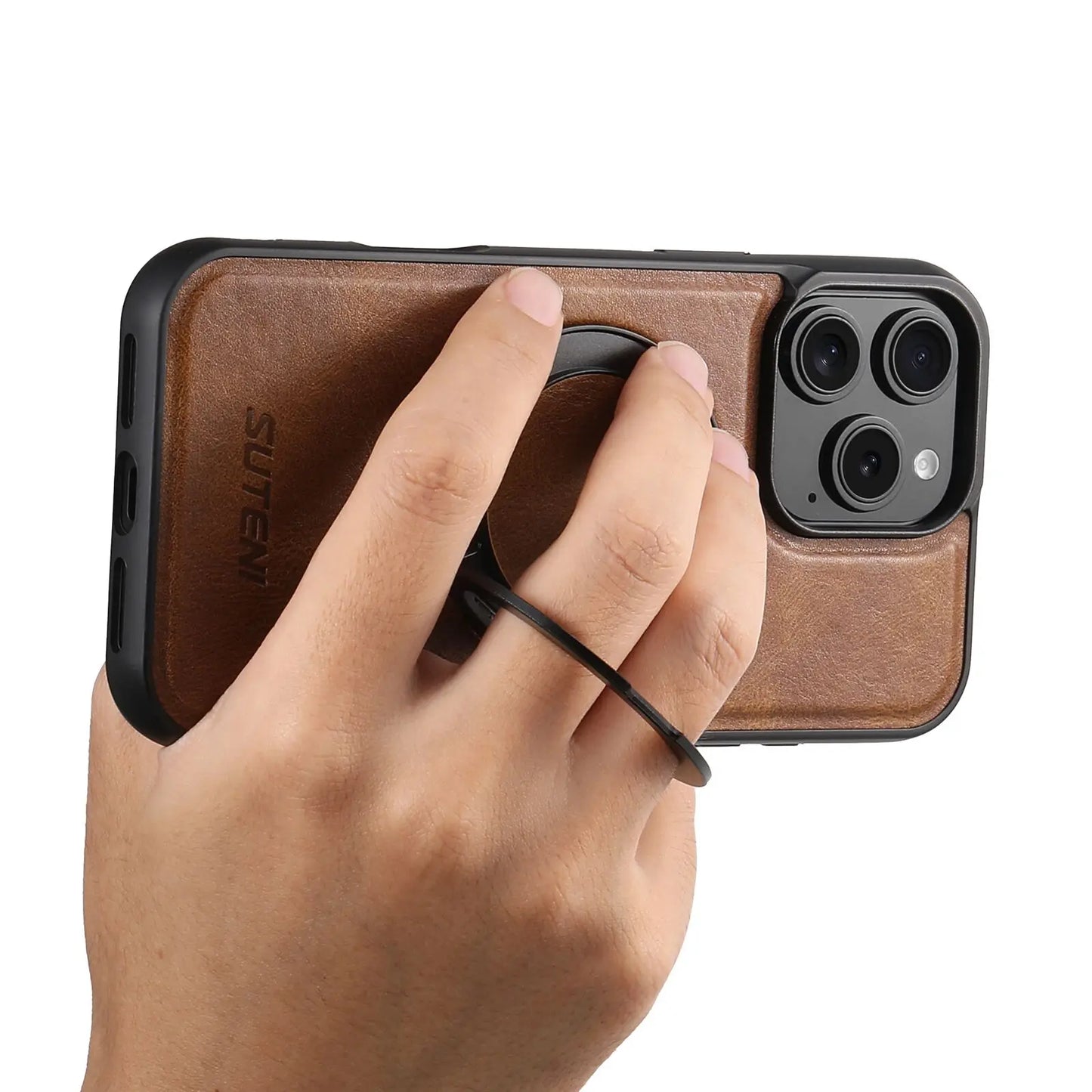 Leather Oil Wax Wireless Phone Case with 360 Degree Rotating Holder for iPhone 16 15 14