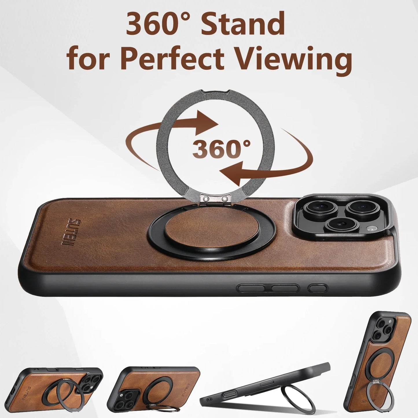 Leather Oil Wax Wireless Phone Case with 360 Degree Rotating Holder for iPhone 16 15 14