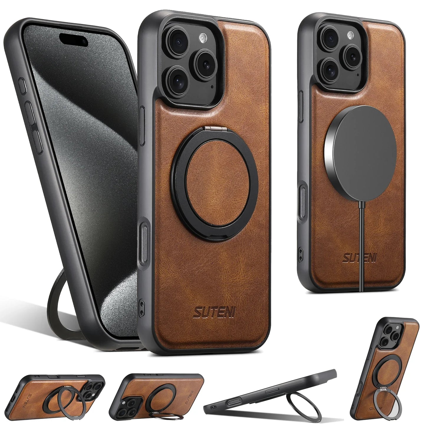Leather Oil Wax Wireless Phone Case with 360 Degree Rotating Holder for iPhone 16 15 14