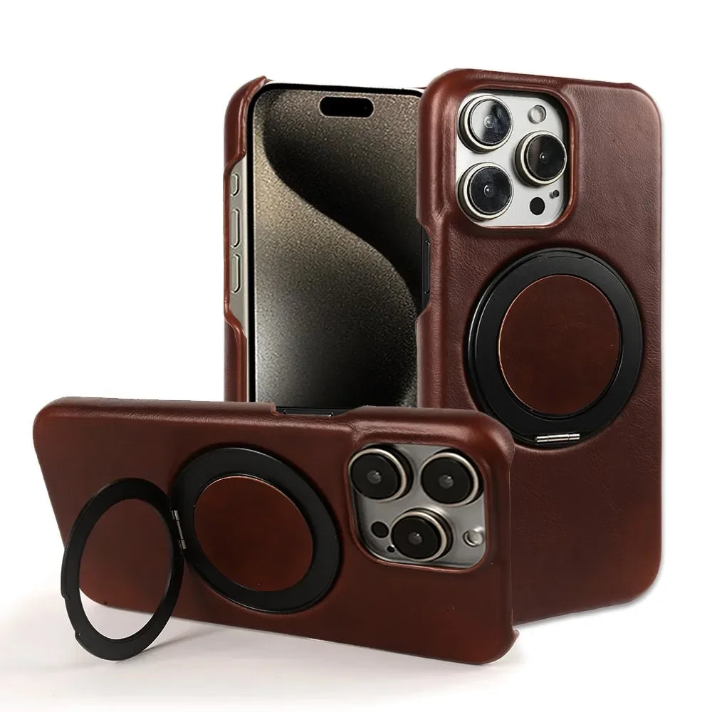 Luxury Genuine Leather Case with 360 Degree Rotating Magnetic Holder for iPhone 16 15 14