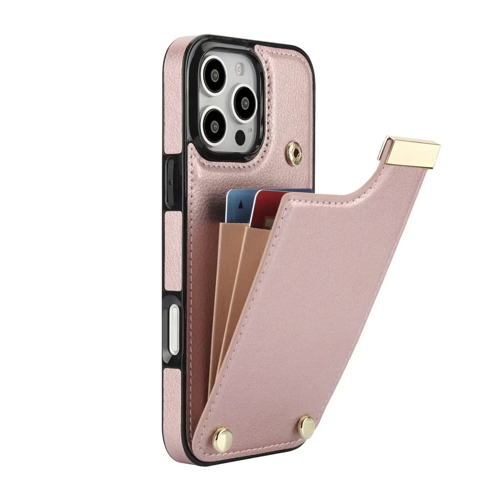 Leather BagTwo Layer Card Pockets Hardware Buckle Leather Case For iPhone 16 15 14
