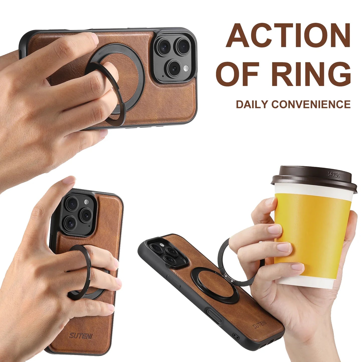 Leather Oil Wax Wireless Phone Case with 360 Degree Rotating Holder for iPhone 16 15 14