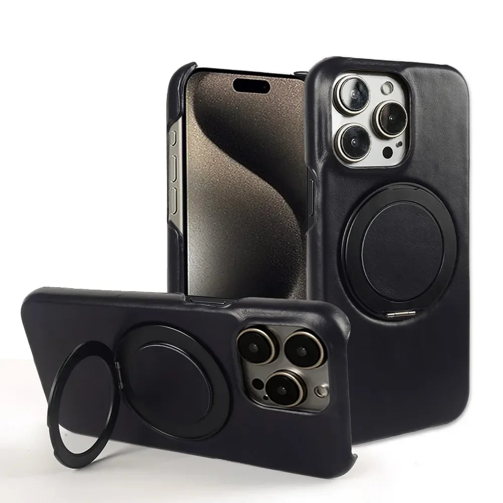 Luxury Genuine Leather Case with 360 Degree Rotating Magnetic Holder for iPhone 16 15 14