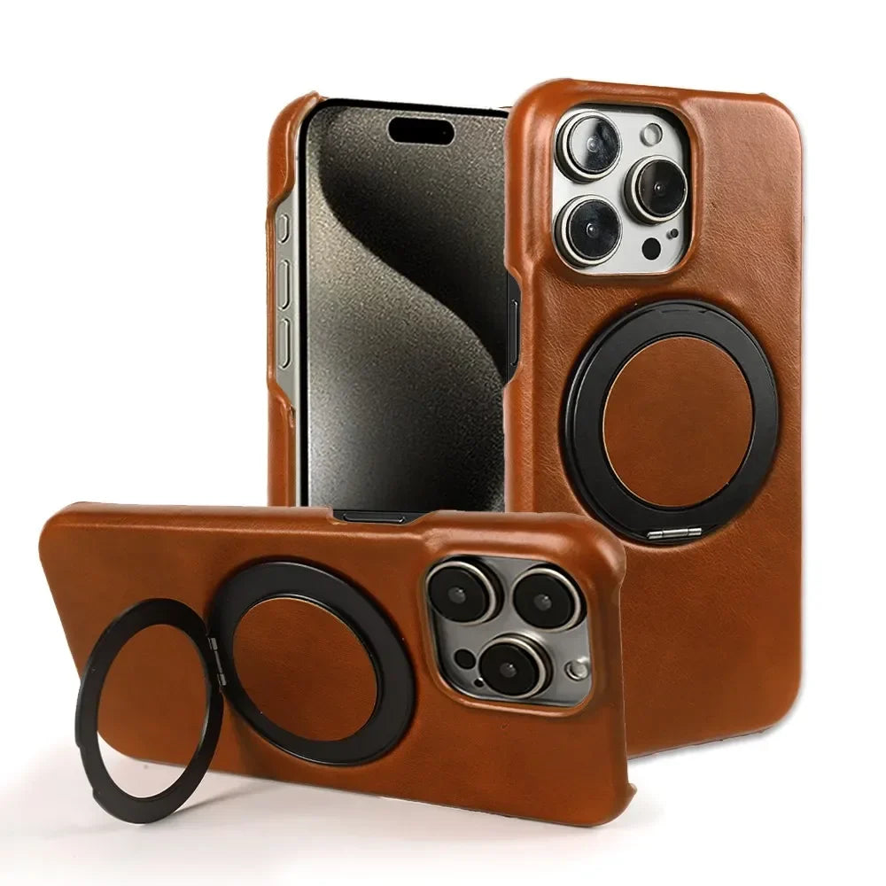 Luxury Genuine Leather Case with 360 Degree Rotating Magnetic Holder for iPhone 16 15 14