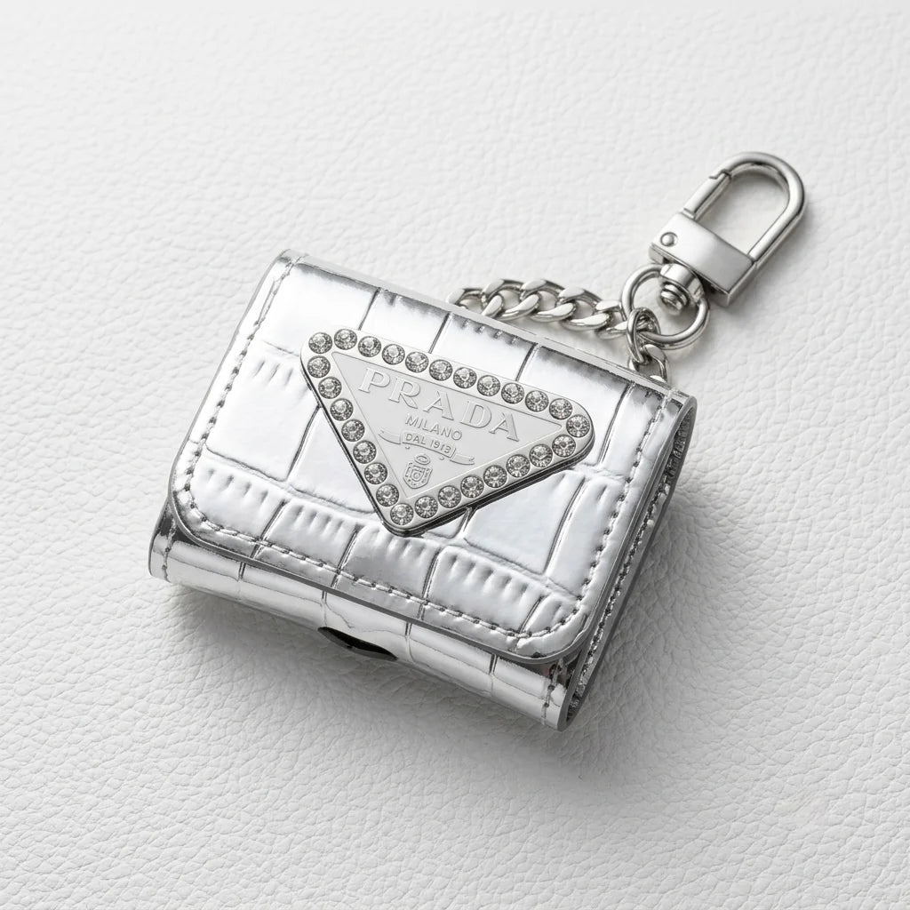 Luxury Prada Leather AirPods Case Silver with Emblem & Keychain