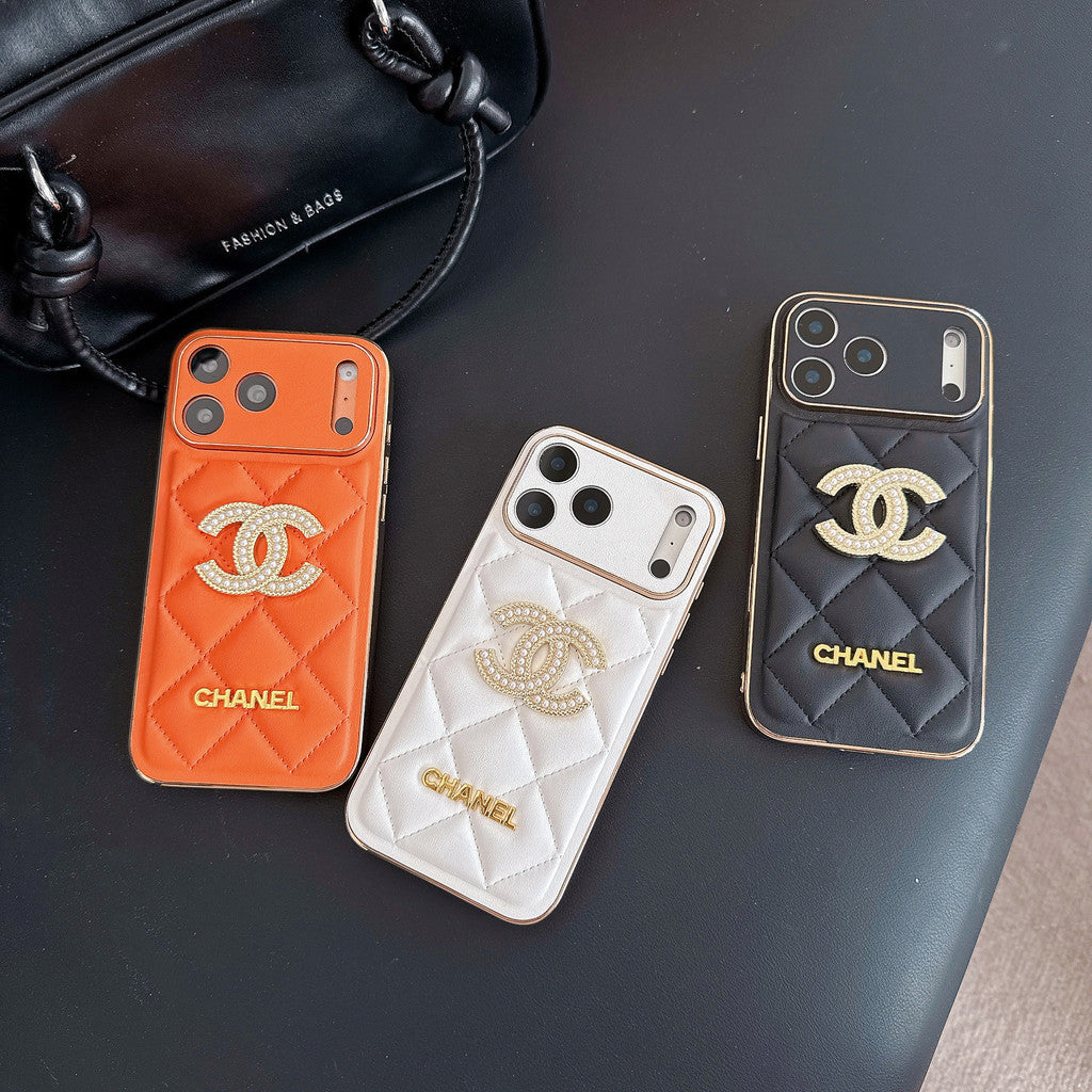 Leather Chanel Phone Case Diamond Logo with Gold Label For iPhone 17/ 16 /15 / 14