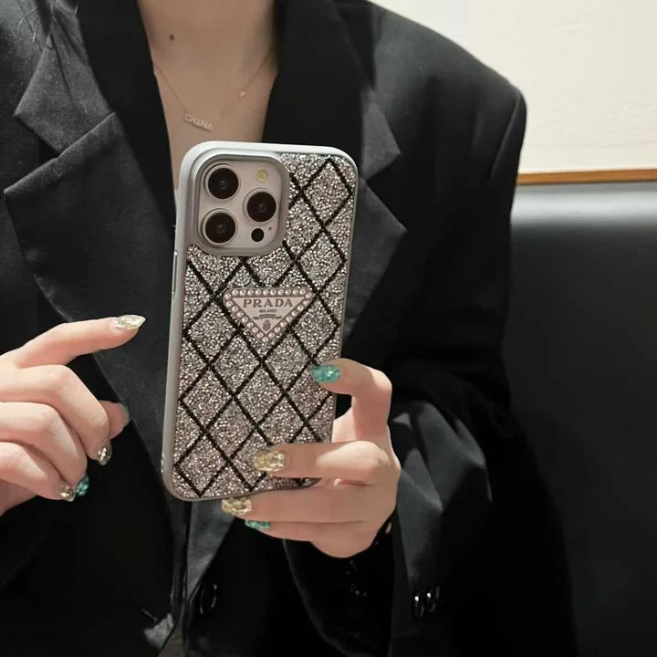 Prada Phone Case with Sparkling Rhinestones For iPhone 17/ 16 / 15 / 14