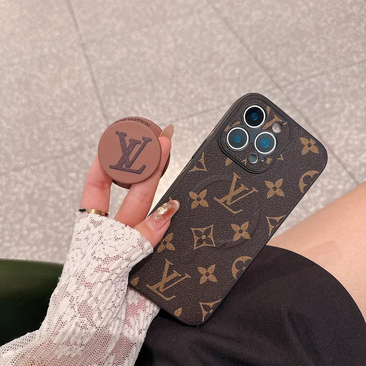 Luxury Monogram Leather Magsafe Phone Case Stand Function for iPhone 12-17 Series
