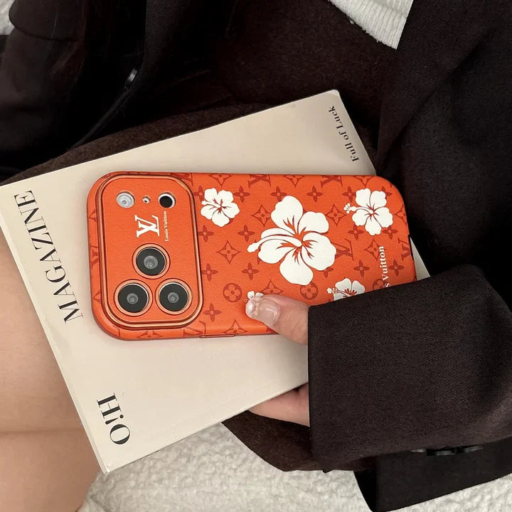 Orange Louis Vuitton Case Decorated with Beautiful Floral Patterns for iPhone 12-17 Series