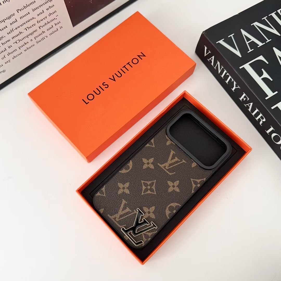 Luxury Brand Leather with Black Logo Phone Case for iPhone 13-17