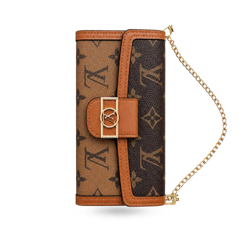 Luxury Leather Monogram iPhone Case with Flip Wallet and Crossbody Strap for iPhone 12-18 Pro & Pro Max