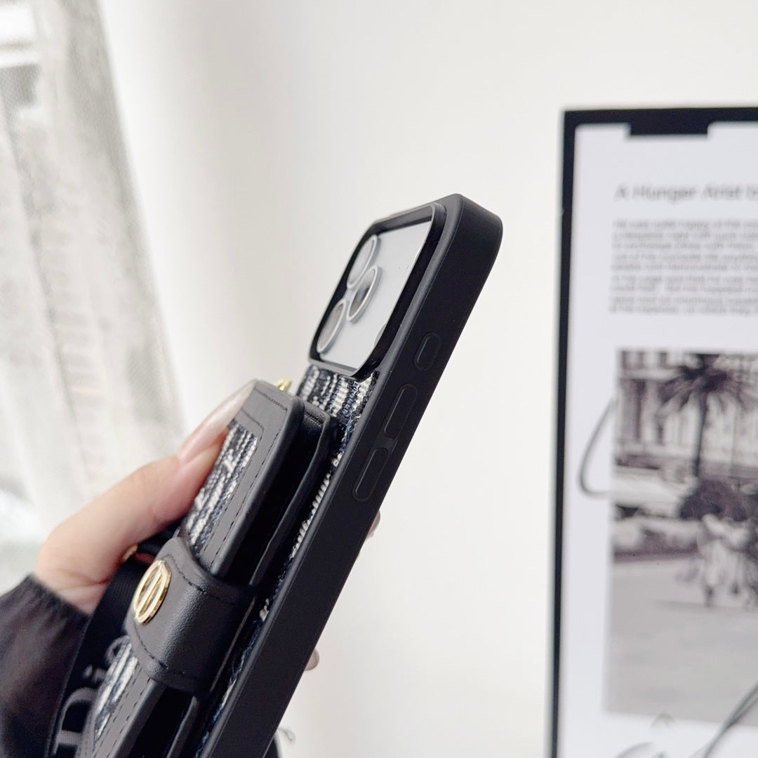 Dior Leather iPhone Case With Card Wallet And Strap For iPhone 17 / 16 / 15 / 14