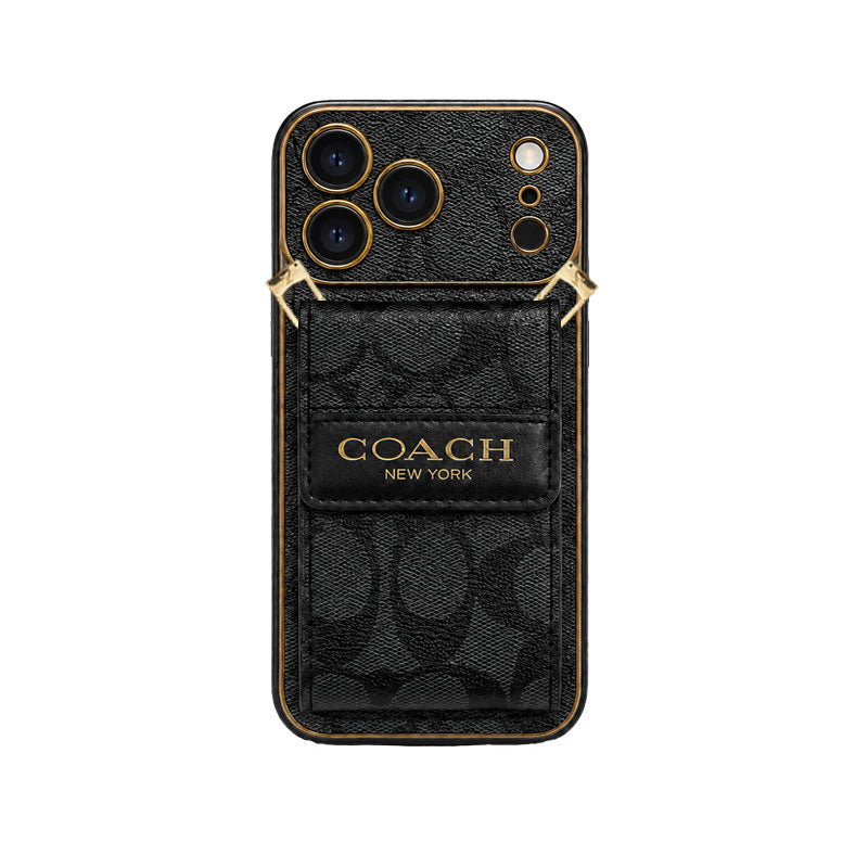 Luxury Leather Coach iPhone Case with Card Holder and Strap For iPhone 12-18 Series