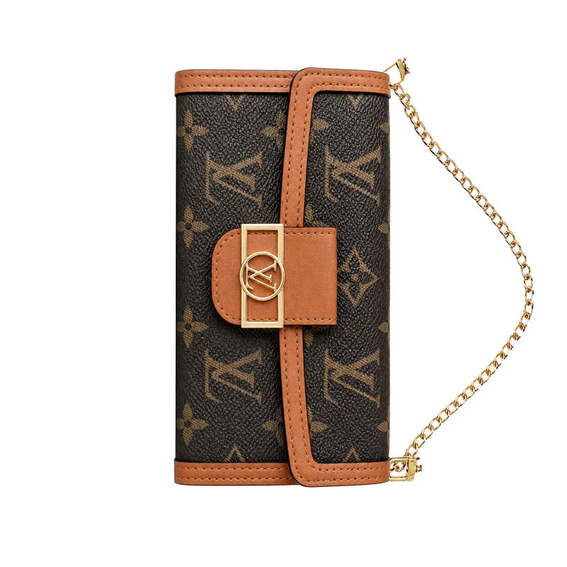 Luxury Leather Monogram iPhone Case with Flip Wallet and Crossbody Strap for iPhone 12-18 Pro & Pro Max