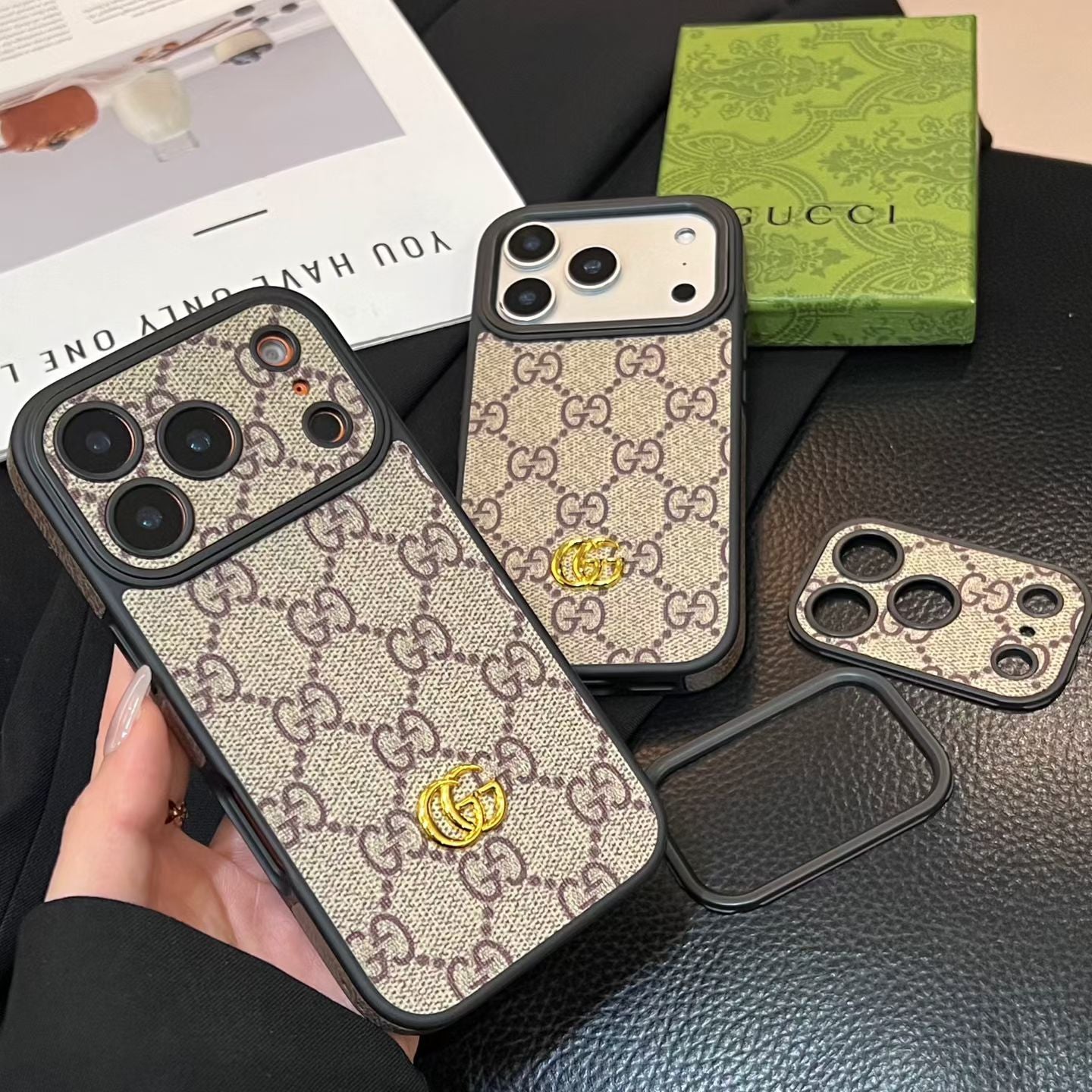 Luxury GG iPhone Case with Interchangeable Camera Lens Frames
