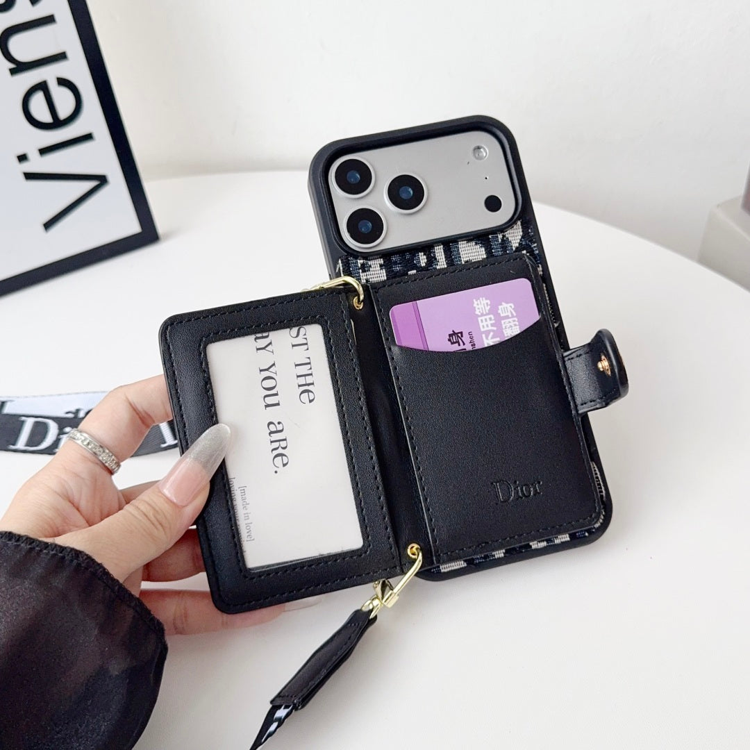 Dior Leather iPhone Case With Card Wallet And Strap For iPhone 17 / 16 / 15 / 14