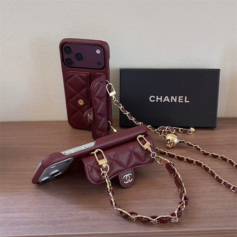 CHN Quilted Caviar Leather Case with Flap Pocket for iPhone 12-18 Pro & Pro Max