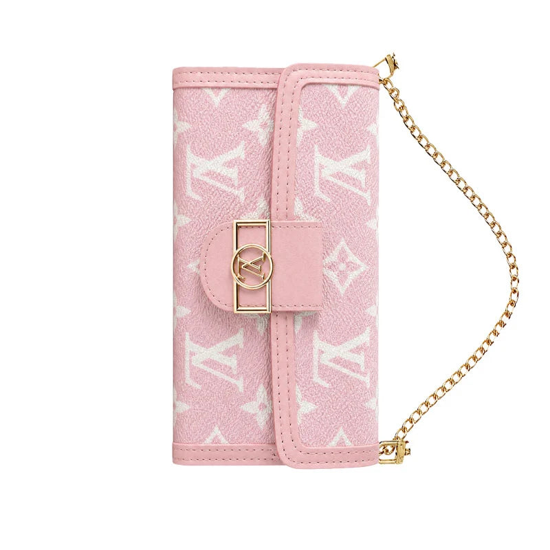 Luxury Leather Monogram iPhone Case with Flip Wallet and Crossbody Strap for iPhone 12-18 Pro & Pro Max