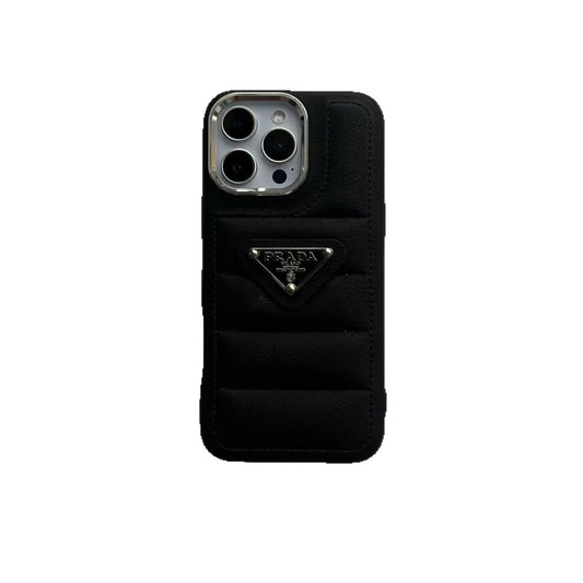 Prada Elegant Metal Monogram Diamond-Quilted Lambskim Leather Apple iPhone Case