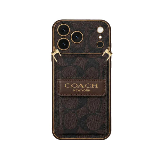 Luxury Leather Coach Phone Case with Strap for iPhone 12-18 Pro & Pro Max
