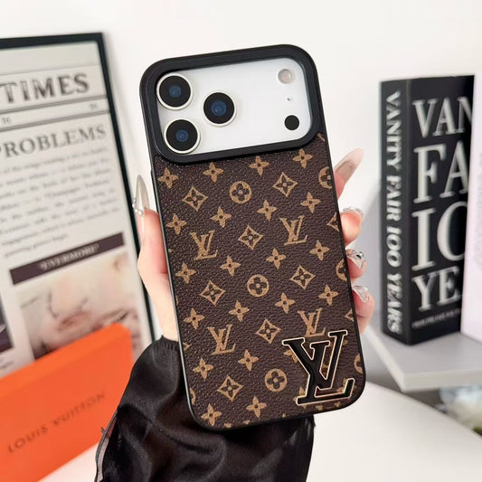 Luxury Brand Leather with Black Logo Phone Case for iPhone 13-17