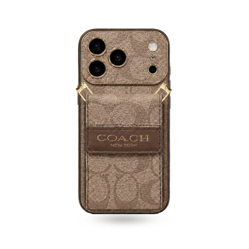 Luxury Leather Coach iPhone Case with Card Holder and Strap For iPhone 12-18 Series