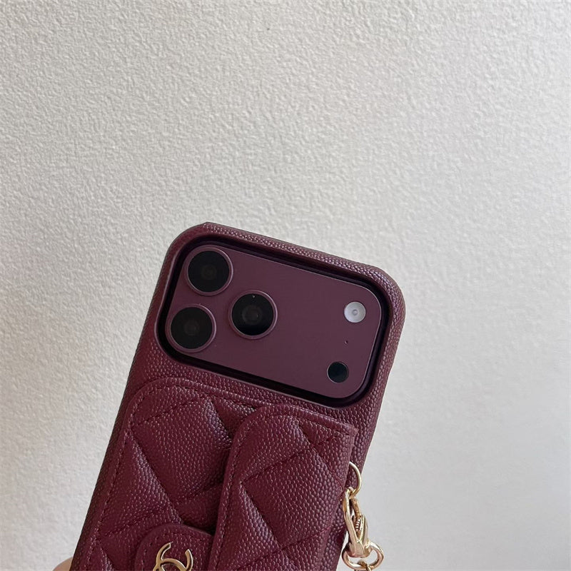 CHN Quilted Caviar Leather Case with Flap Pocket for iPhone 12-18 Pro & Pro Max