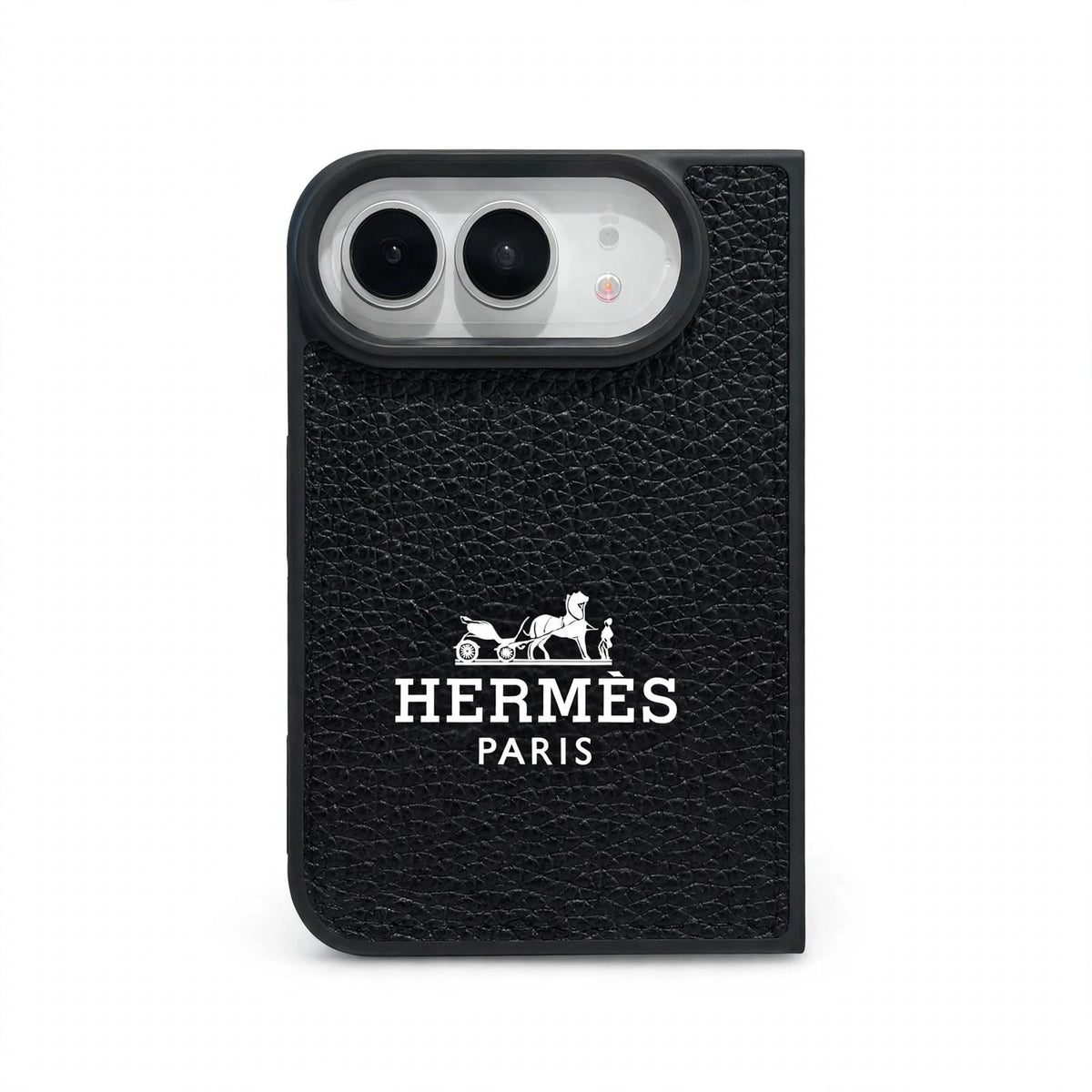 Luxury Textured Hermes Leather Logo Printed Case for iPhone Duo