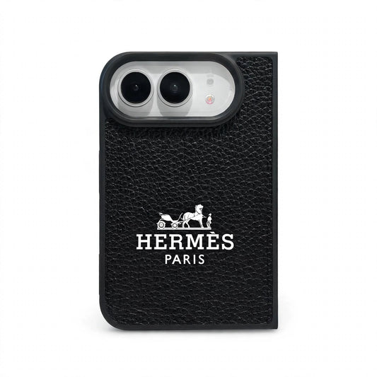 Luxury Textured Hermes Leather Logo Printed Case for iPhone Duo
