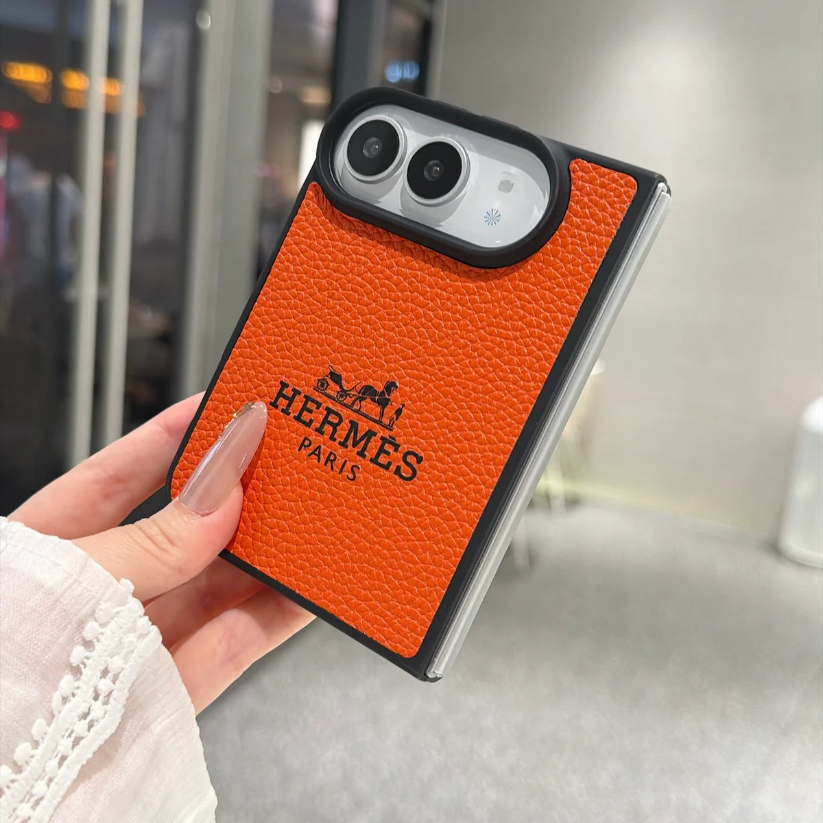 Luxury Textured Hermes Leather Logo Printed Case for iPhone Duo