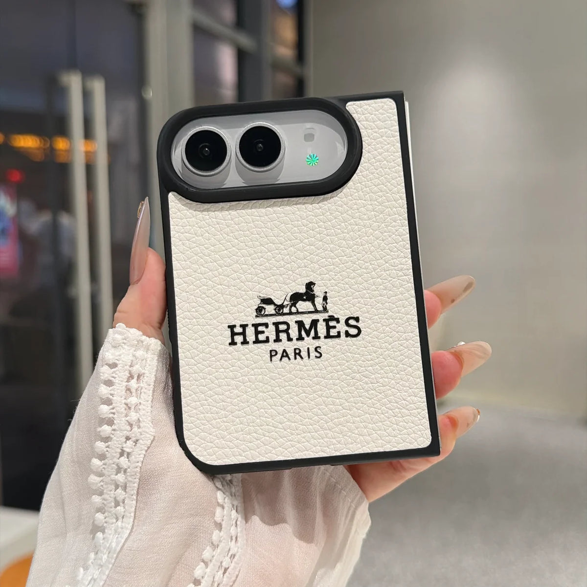 Luxury Textured Hermes Leather Logo Printed Case for iPhone Duo