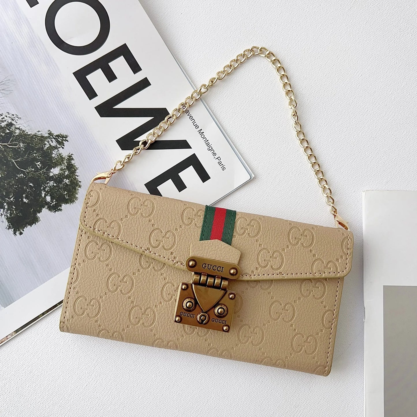 Luxury GG Plain Leather Crossbody Wallet Case For iPhone 13-17