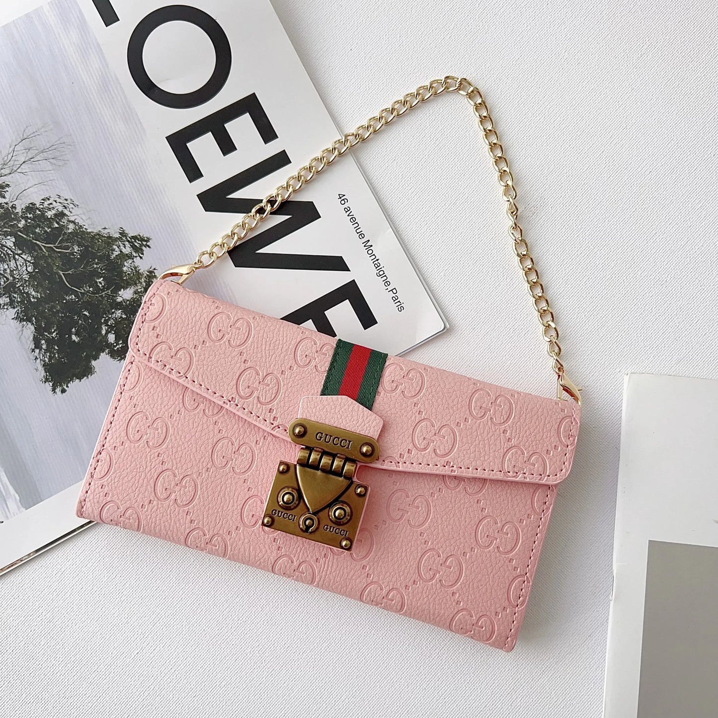 Luxury GG Plain Leather Crossbody Wallet Case For iPhone 13-17