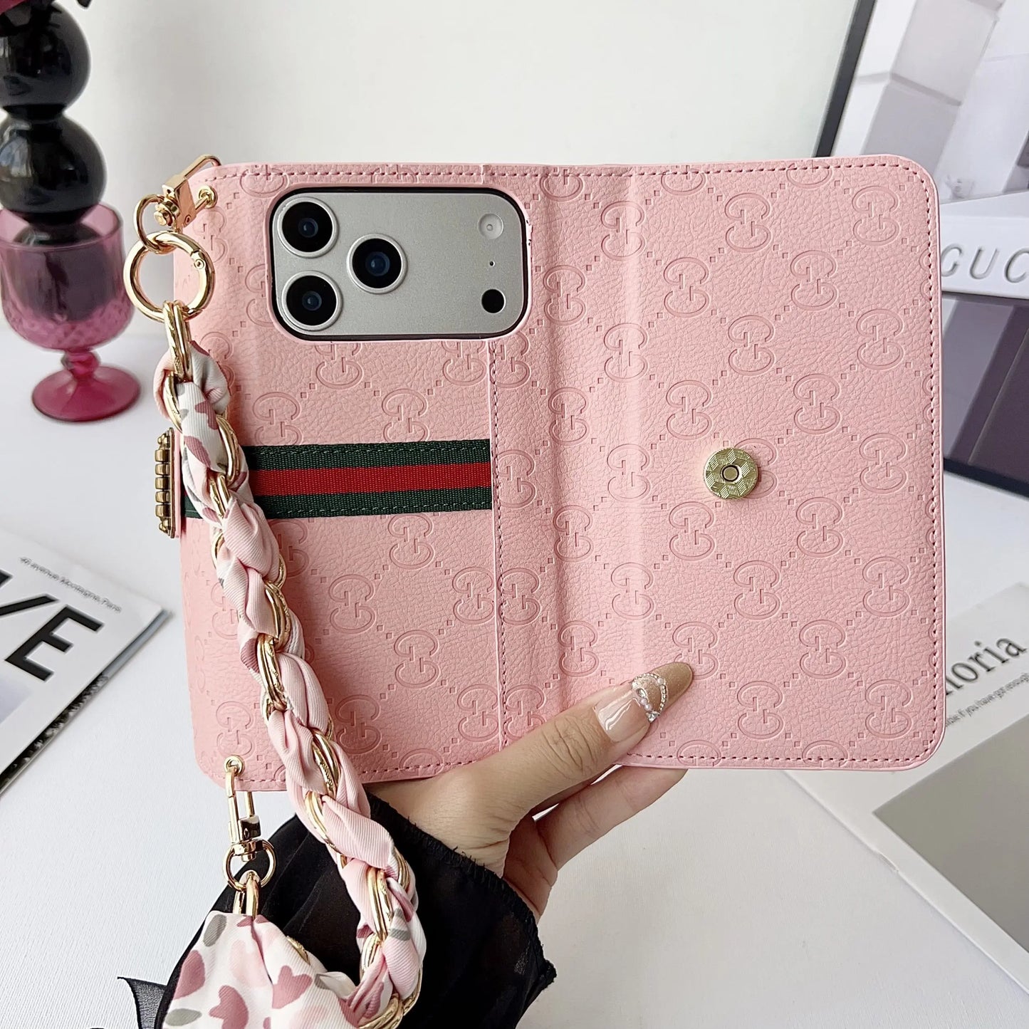 Luxury GG Plain Leather Crossbody Wallet Case For iPhone 13-17